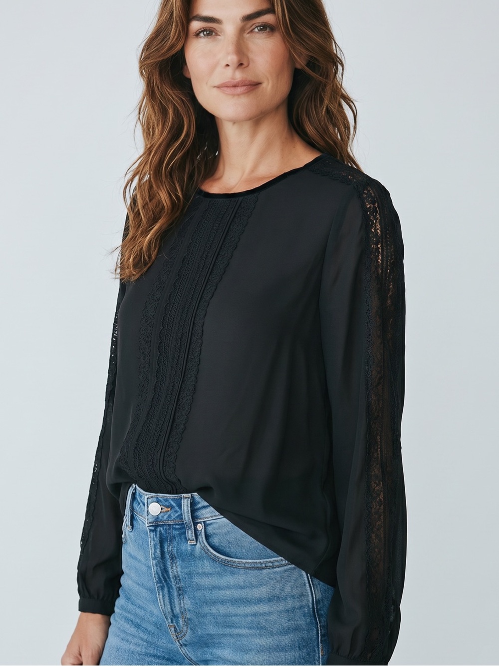 Black Lace-Trim Long Sleeve Blouse Women size 10 White House Black Market